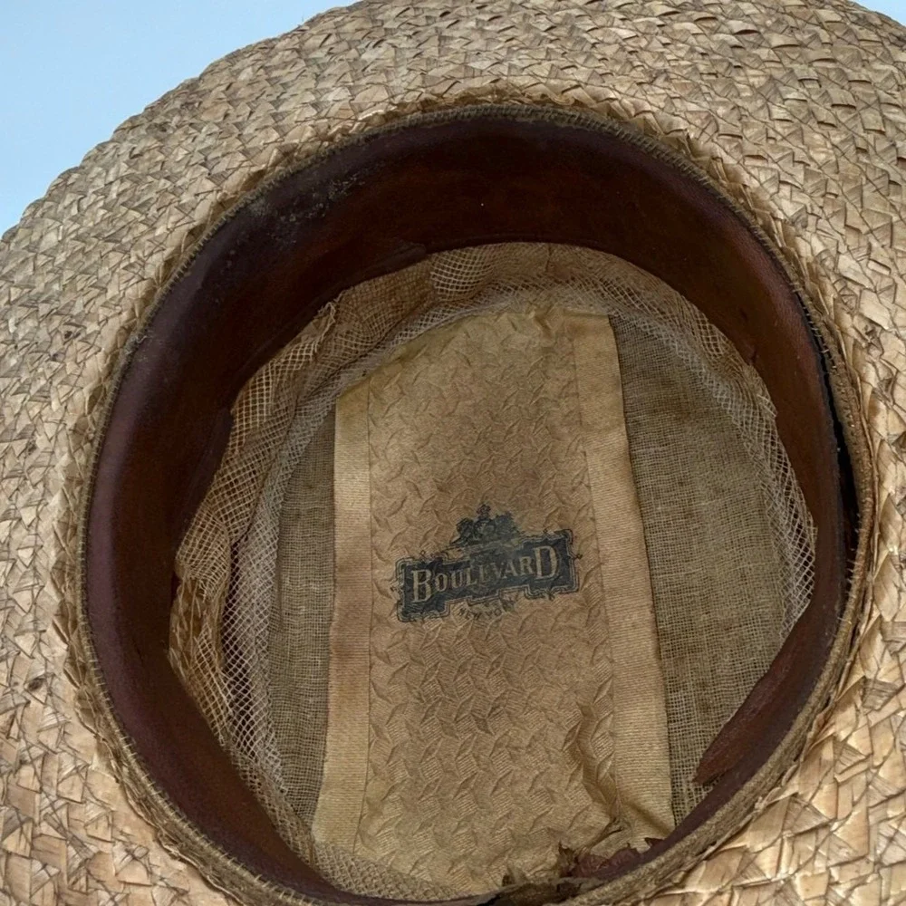Vintage Boulevard New York Straw Boater‎ Hat Men Brown Black Ribbon Skimmer Hat